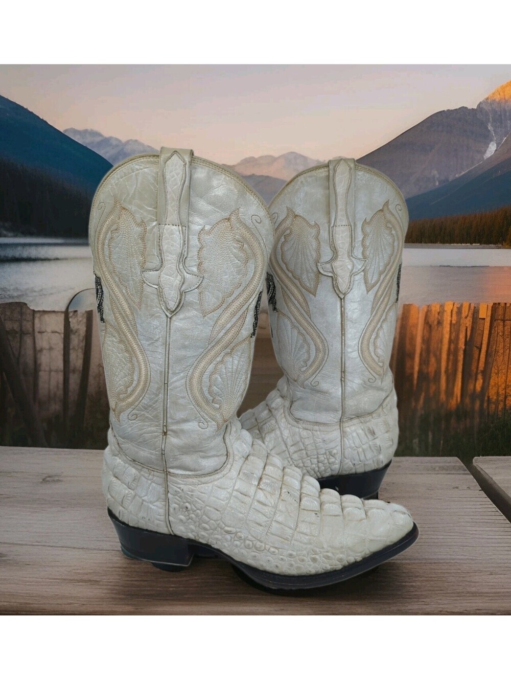 Exotic Caiman Hornback Crocodile Cowboy Boots IVORY BONE WHITE Western Mens 9.5